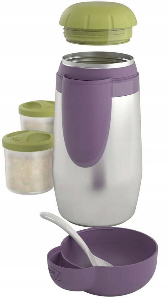 CHICCO termos ze stali + 2 pojemniki 5h, zielono-metaliczny, BPA free, dla dzieci 0+