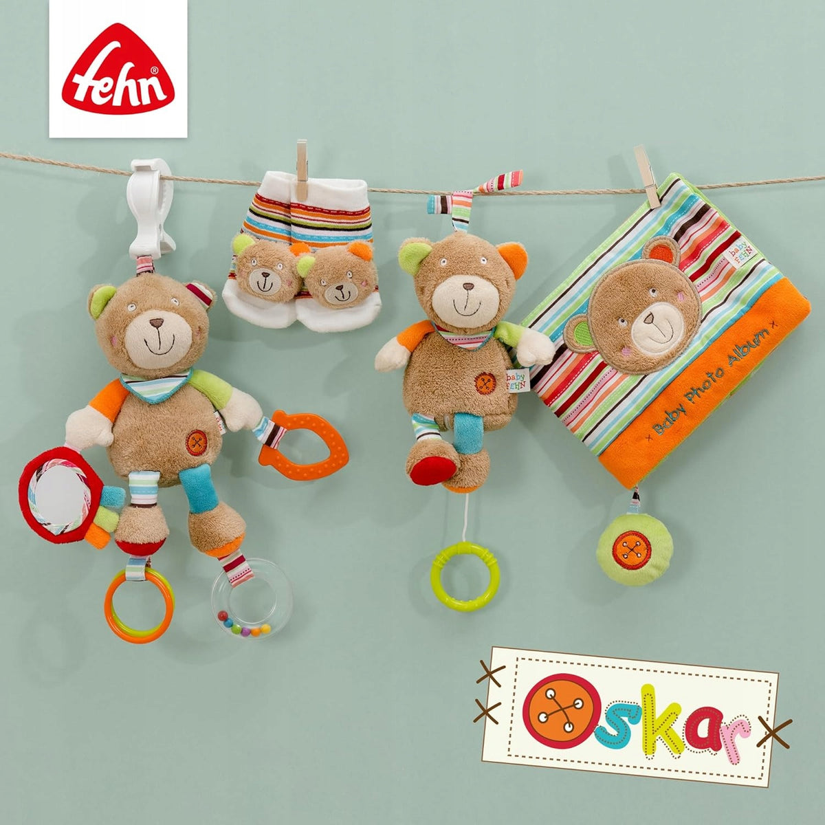 FEHN OSKAR Greifling mit Rassel und Beißring für Kinderwagen, Babyschale