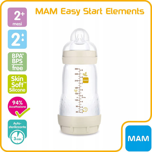 MAM Easy Start butelka antykolkowa 260ml 2m+ z silikonowym smoczkiem, BPA free i samosterylizacją 3 min