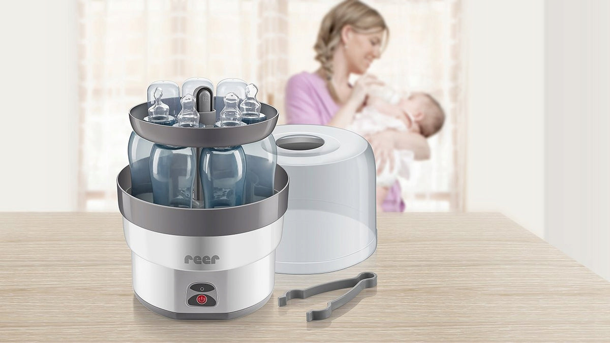 REER VapoMax STERYLIZATOR PAROWY na 6 butelek + szczypce, biało-szary sterylizator do butelek i smoczków