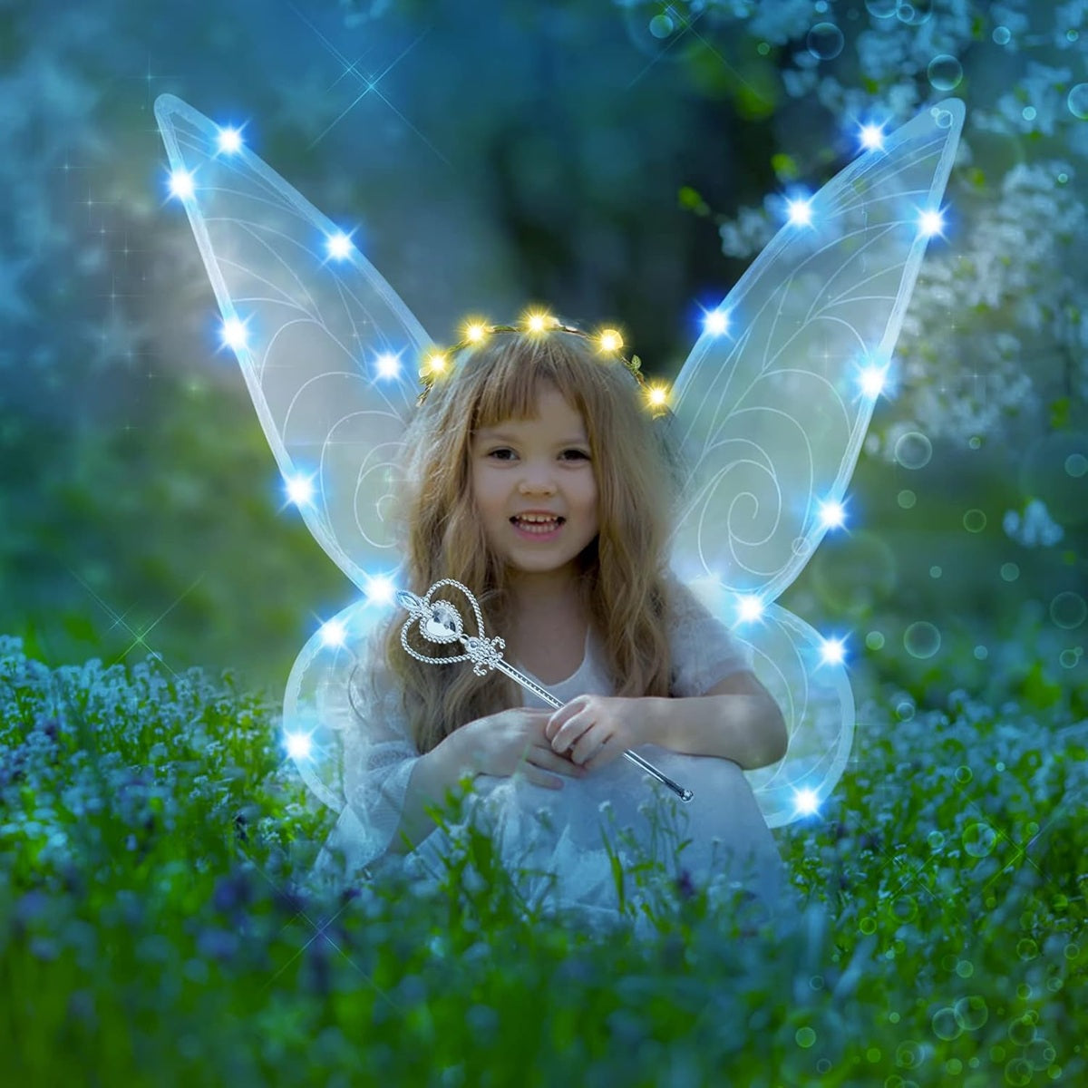 FORMIZON Feenflügel mit LEDs + Zauberstab, Kranz, Ohren, 46 x 65 cm