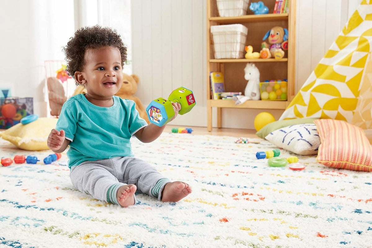 FISHER-PRICE interaktive Hantel Rassel Geräusche Licht DEUTSCH