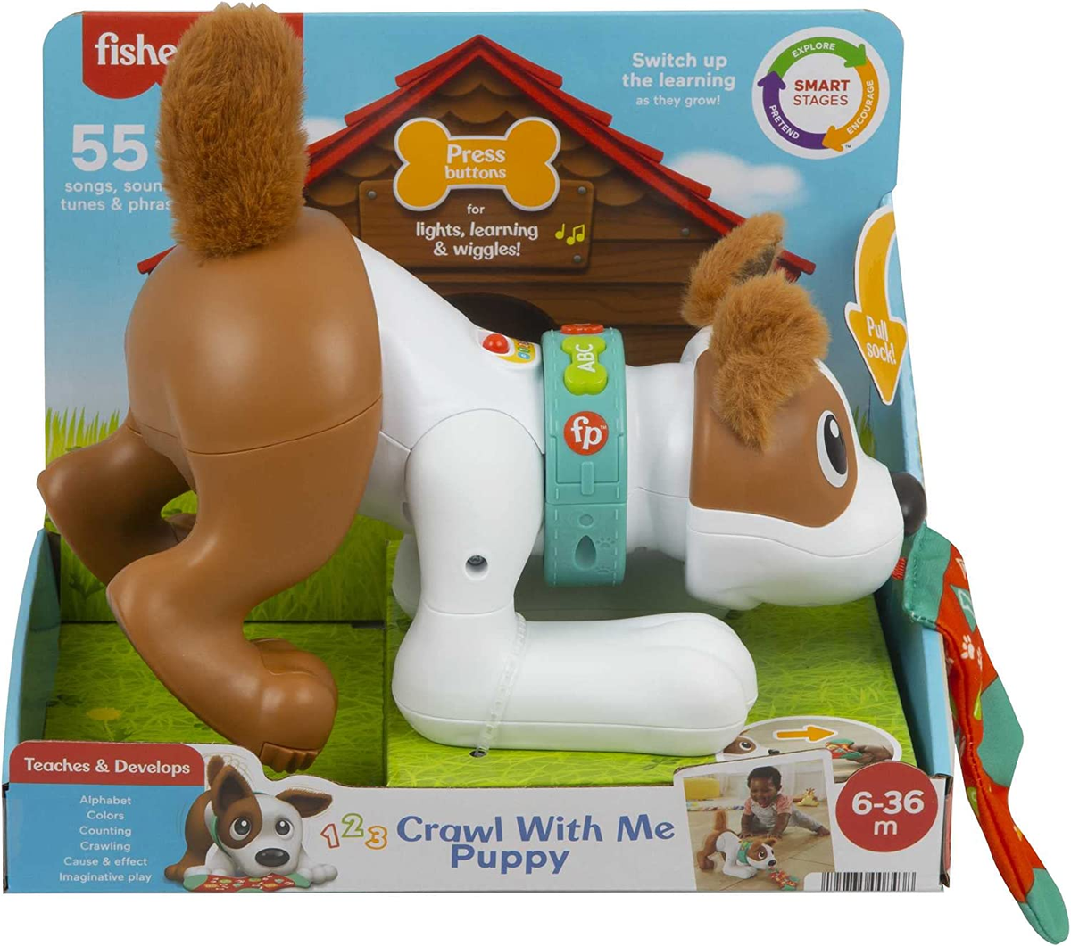 FISHER-PRICE interaktywny PIESEK j. niemiecki edukacyjny piesek do raczkowania z miękkimi uszami i ogonem