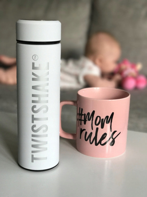TWISTSHAKE HOT OR COLD termos ze stali nierdzewnej 420 ml biały termos izolowany z kubkiem #Mom rules