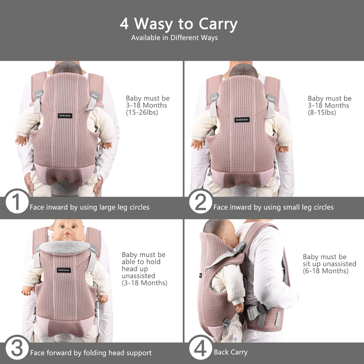 BEBAMOUR ergonomische Babytrage bis 12kg 3-in-1