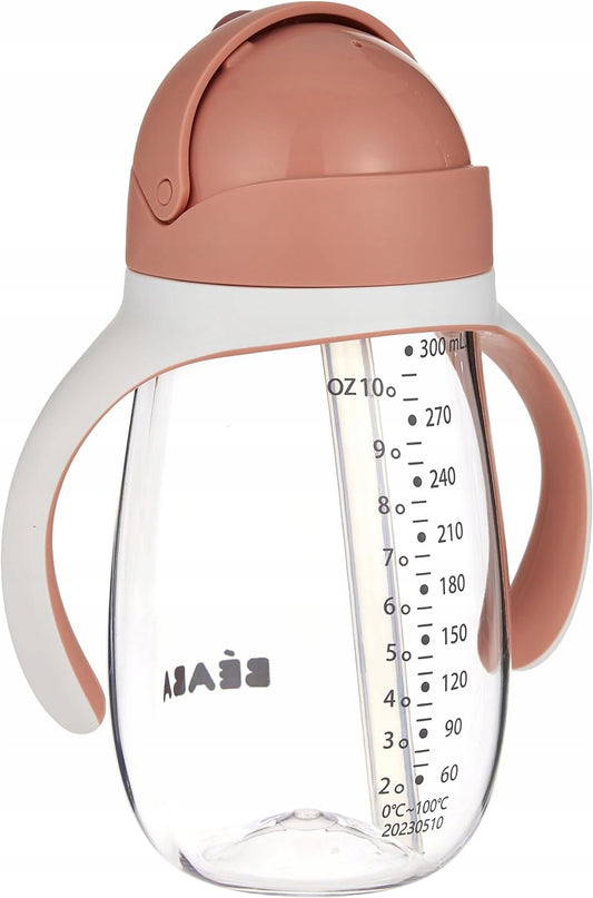 BEABA kubek niekapek ze słomką 300 ml, różowy, z uchwytami i podziałką, używany