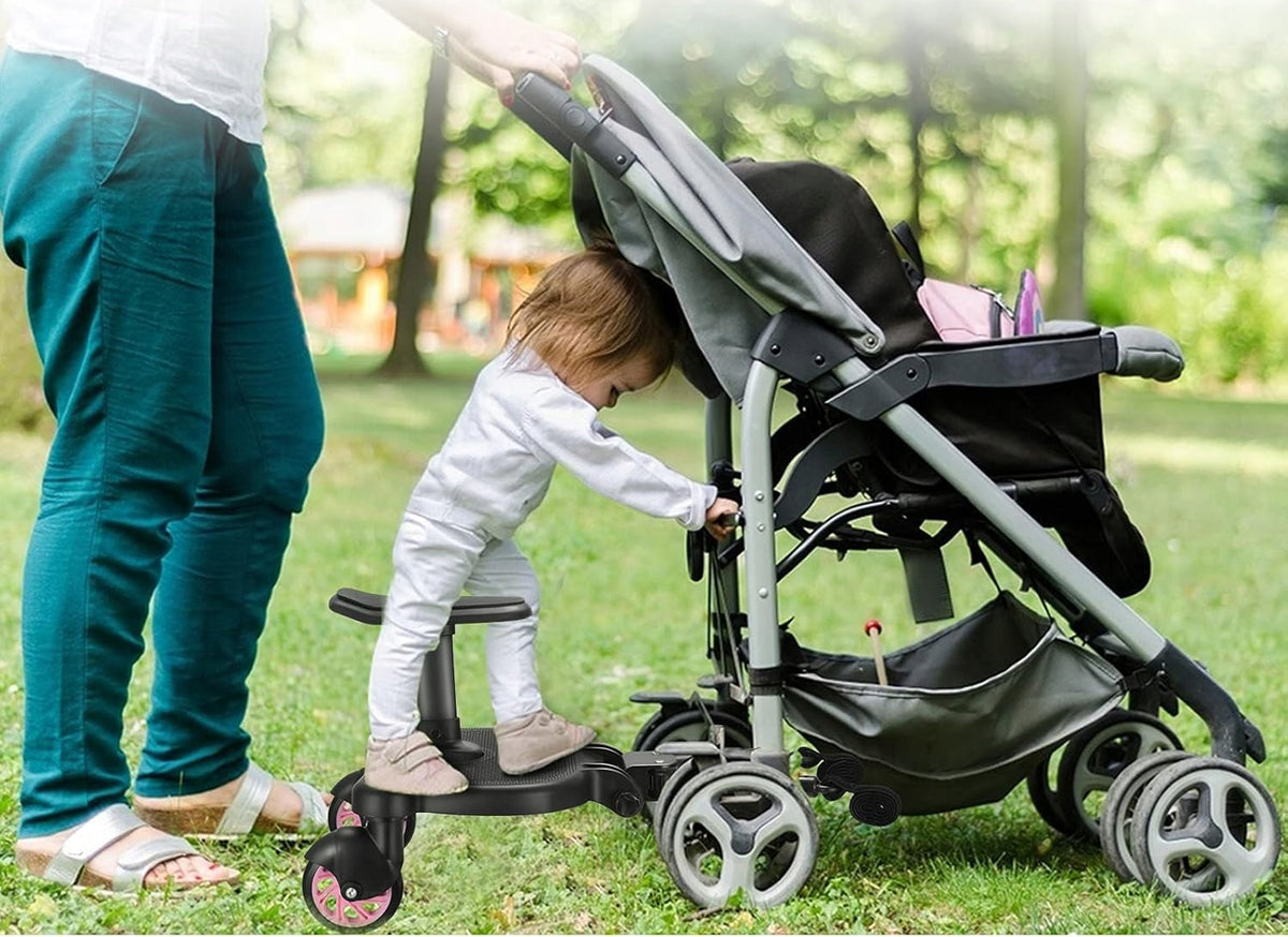 FNRIDS uniwersalna DOSTAWKA do wózka udźwig 25 kg, platforma dla drugiego dziecka, czarno-różowa