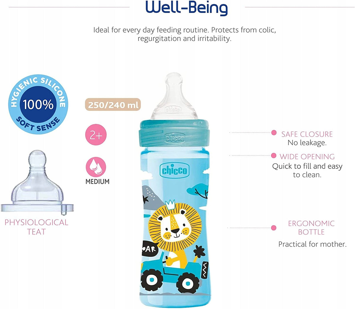 CHICCO Well-Being Flasche 250ml 2m+ mittlerer Fluss