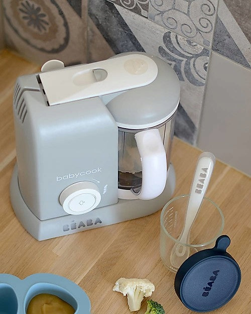 BEABA Babycook ROBOT KUCHENNY 4w1 parowar, mikser, podgrzewacz, rozmrażacz w kolorze szarym, z szpatułką i przykrywką