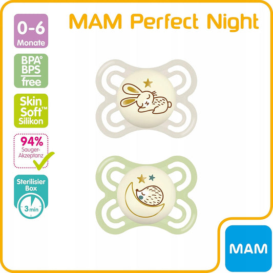 MAM Perfect Night nyugtató cumi, 2 db, 0–6 hónap + doboz
