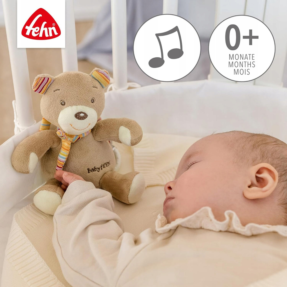 FEHN miś zawieszka PRZYTULANKA z POZYTYWKĄ 14 cm, beżowy miś dla niemowląt 0+, miękka uspokajająca zabawka