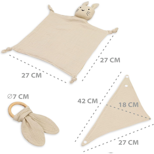 TOTSY BABY Musselin-Schnuffeltuch und Lätzchen, Beißring aus Holz 27x27 cm KANINCHEN – Produktfoto 2