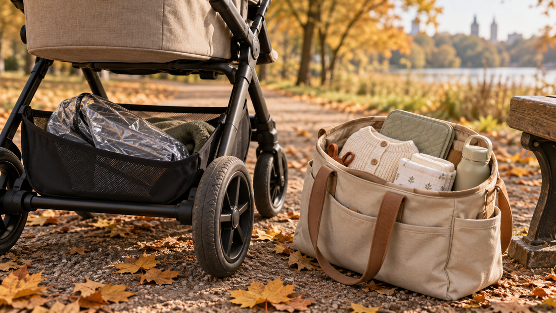 Kinderwagen und Wickeltasche mit Ersatzstrickjacke, Wickelunterlage, Stoffwindel und Trinkflasche auf einem herbstlichen Weg