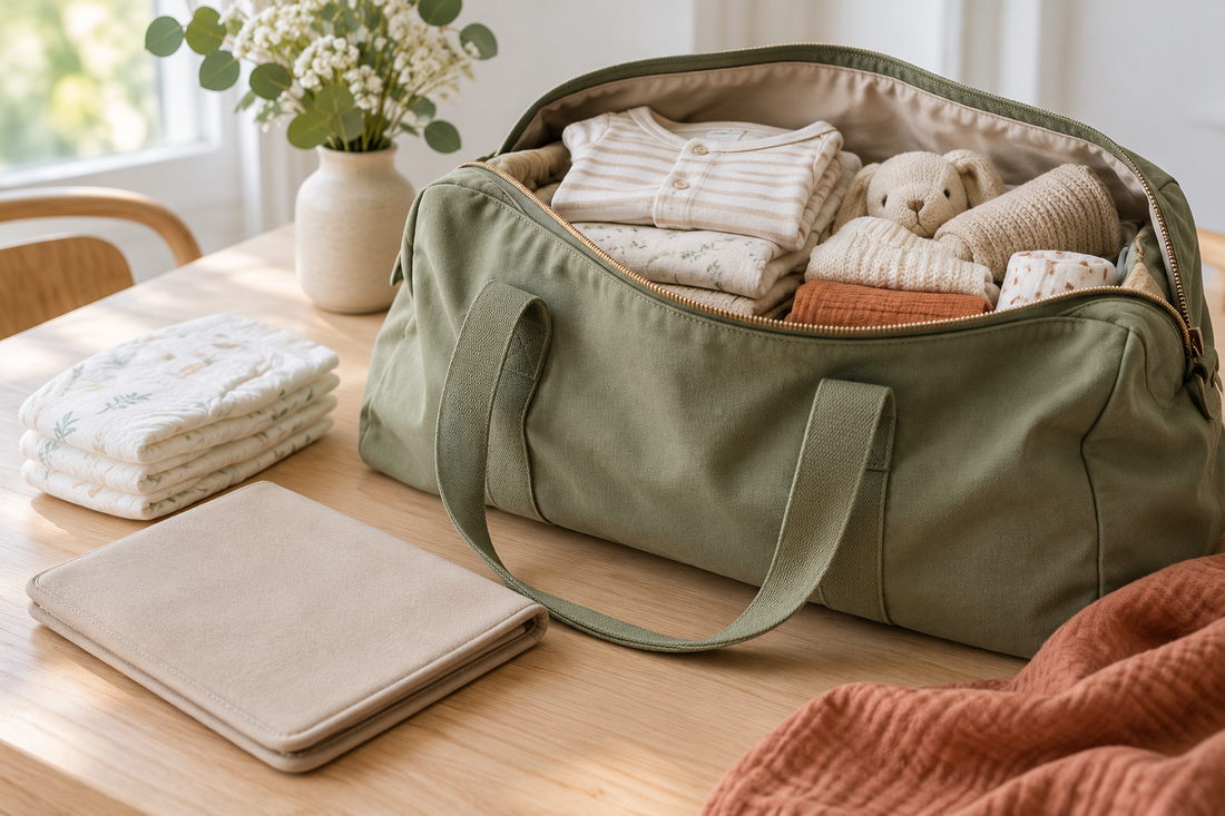 An open travel bag, folded baby clothes, nappies and a closed document wallet on a light-coloured table.