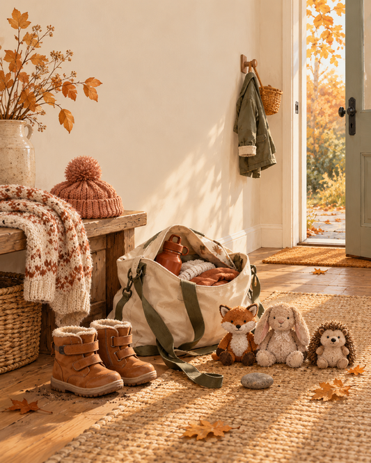 Herbstlicher Flur mit Kinderschuhen, Ausflugstasche und drei Kuscheltieren an der Tür