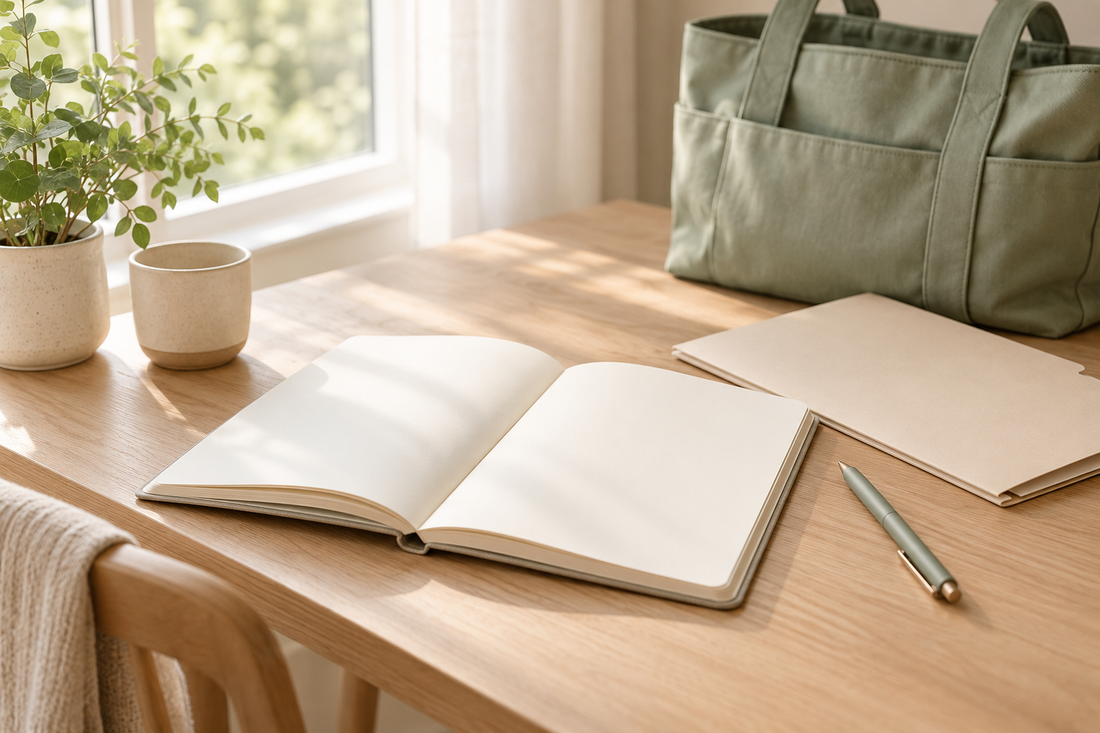 Notizbuch mit leeren Seiten, Stift und weiche Tasche in einer ruhigen Umgebung für die Geburtsplanung.