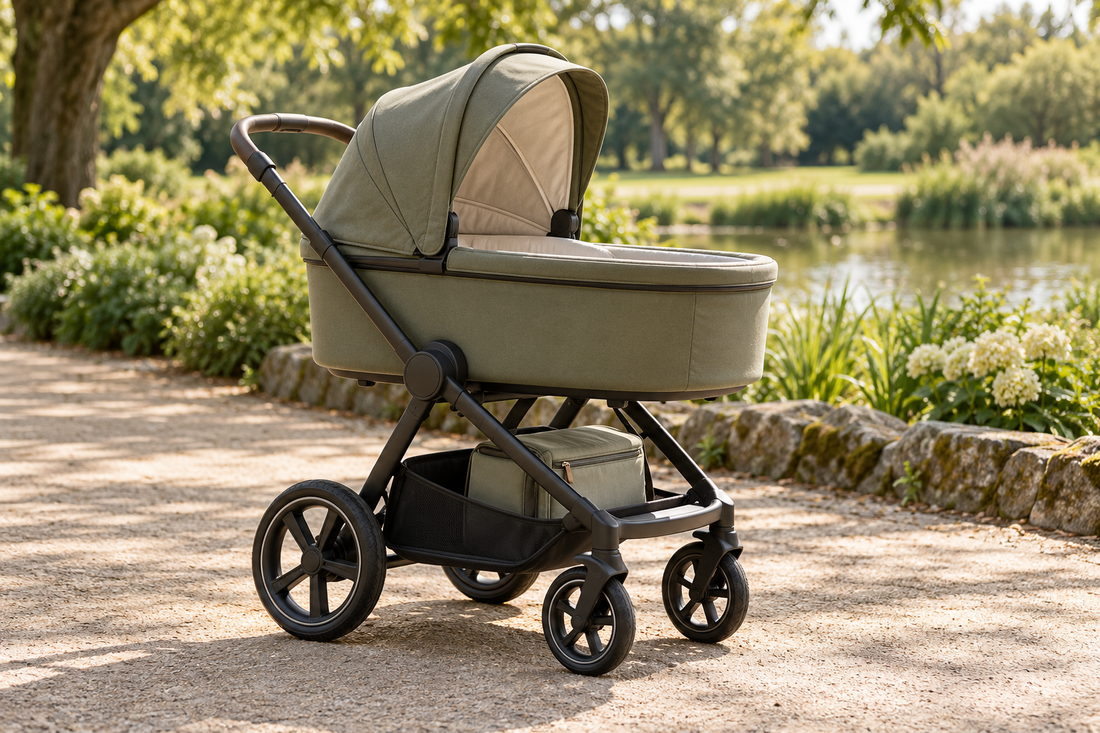 Leerer Kinderwagen mit Liegewanne und Tasche auf einem ruhigen Parkweg in sanftem Licht.