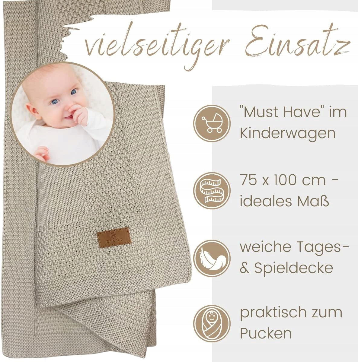 DIKOS kocyk z bawełny ORGANIC 75x100cm, miękki kocyk dziecięcy z organicznej bawełny GOTS, idealny do wózka