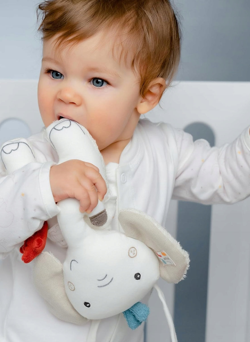 FEHN Baumwoll-Spieluhr-Anhänger für Kinderbett, Kinderwagen ELEFANT 20 cm