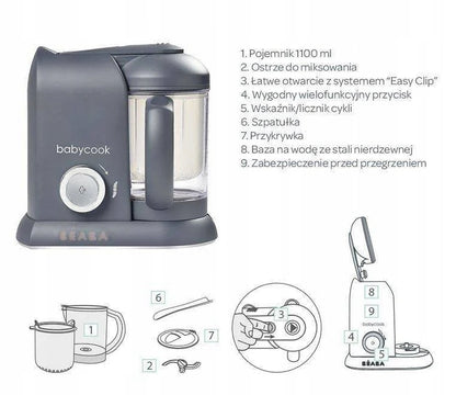 BEABA Babycook ROBOT KUCHENNY 4w1 parowar, mikser, podgrzewacz, rozmrażacz, grafitowy, 1100 ml, BPA free
