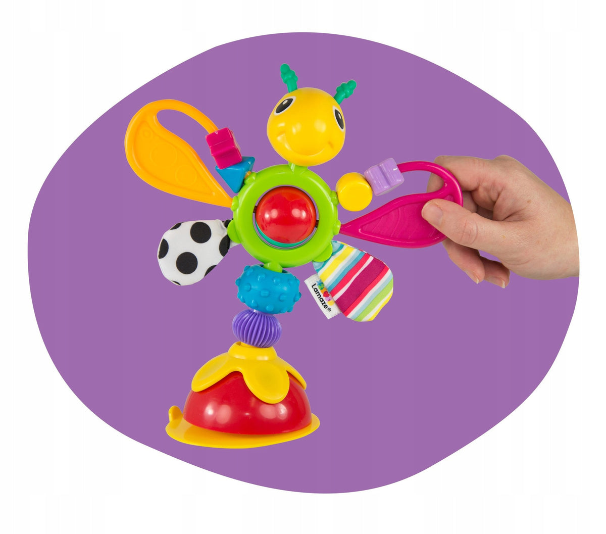 LAMAZE zabawka sensoryczna grzechotka z przyssawką 6m+ kolorowa grzechotka sensoryczna dla niemowląt z przyssawką