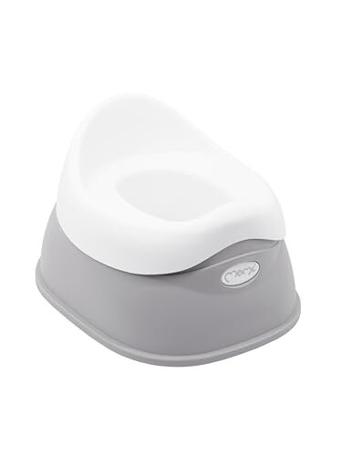Szary nocnik MoMi DITO z białym siedziskiem i wysokim oparciem, widok z przodu pod kątem.