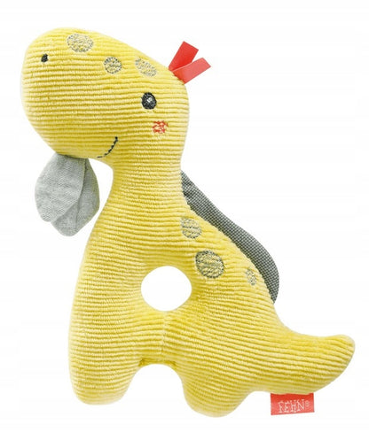 FEHN Happy Dino grzechotka chwytak dla niemowląt 16cm, żółta pluszowa zabawka dinozaur z grzechotką
