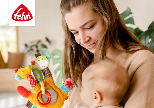 FEHN Safari-Handpuppe mit Rassel, Greifling und Spiegel