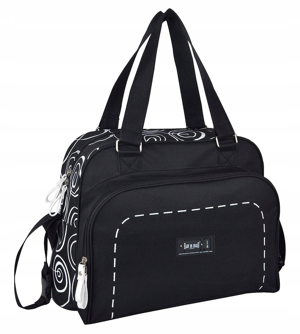 BABY ON BOARD torba na pieluchy i akcesoria SIMPLY SWIRL, czarna, pojemna z kieszeniami i przewijakiem