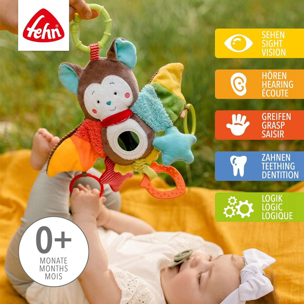 FEHN zawieszka z grzechotką i chwytakiem do wózka, fotelika NIETOPERZ 29 cm, zabawka 0+