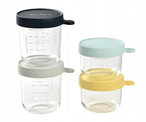 BEABA szklany pojemnik słoiczek 2x150 ml, 2x250ml - szklane pojemniczki na żywność z pokrywkami, 4 szt.