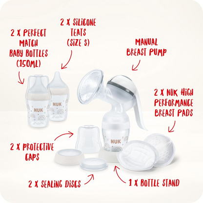 NUK Handmilchpumpe + Perfect Match Flaschen 150ml Set