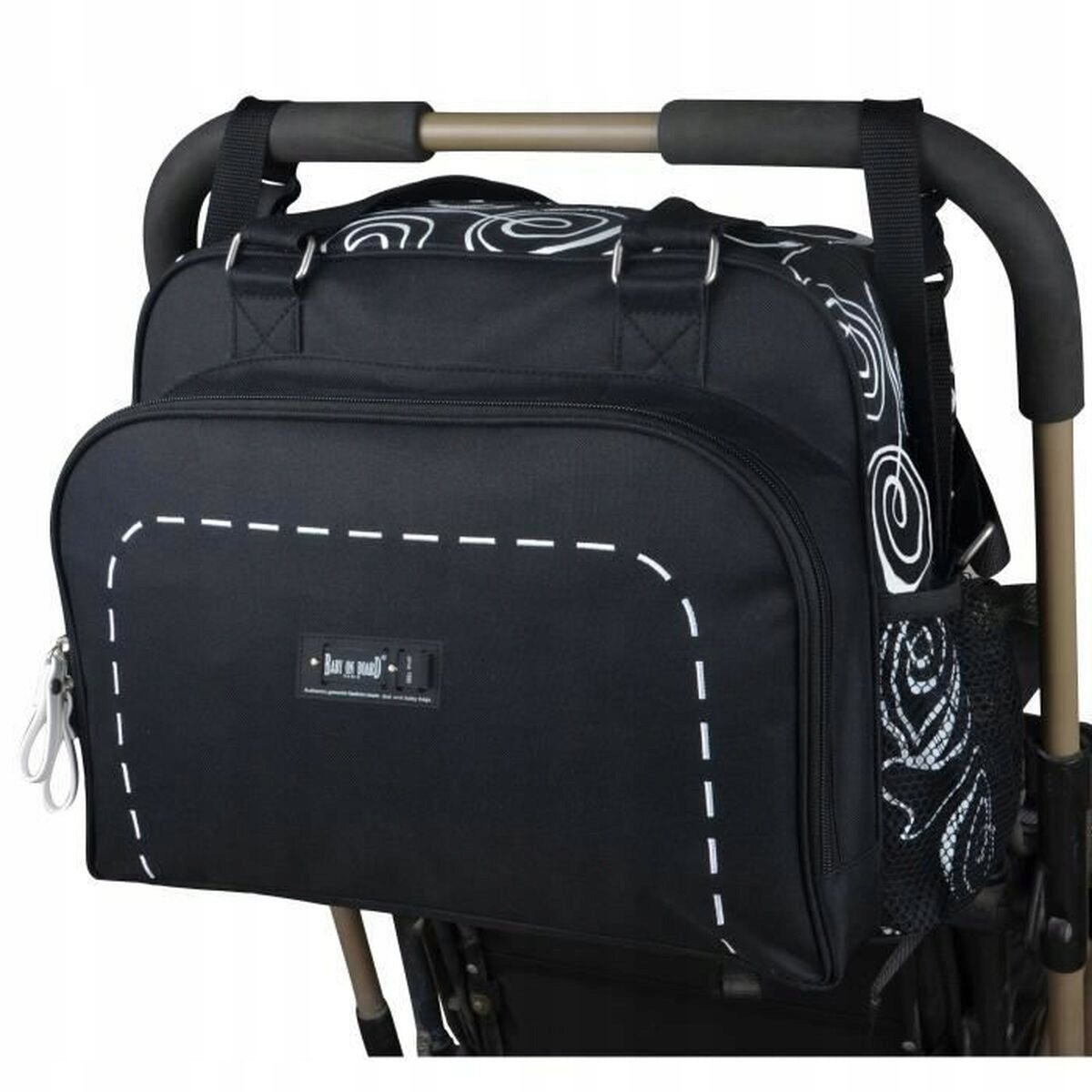 BABY ON BOARD torba na pieluchy i akcesoria SIMPLY SWIRL czarna z matą do przewijania i termicznym pokrowcem