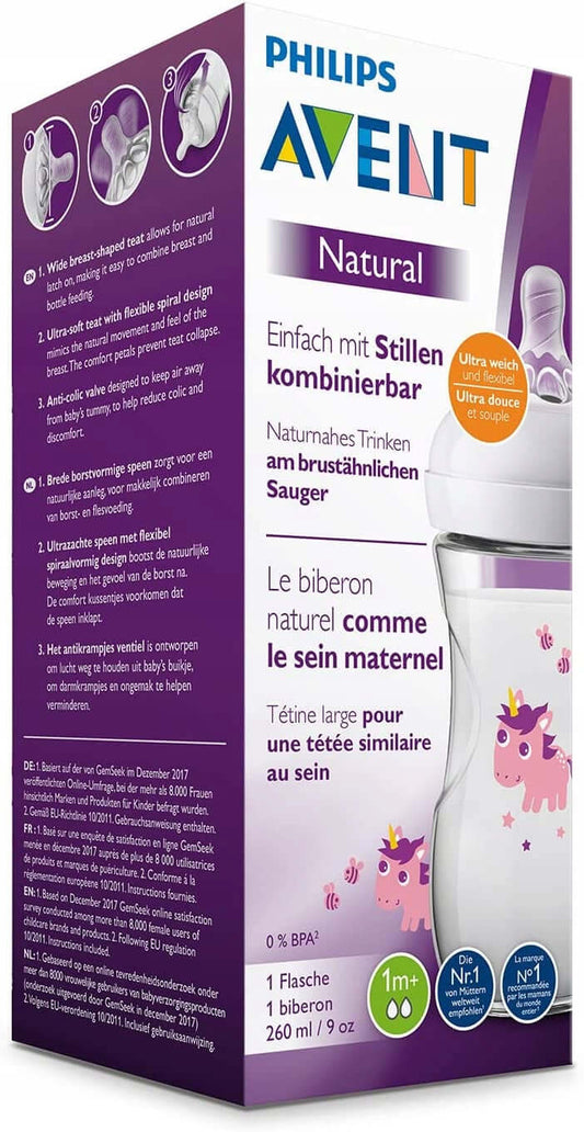 PHILIPS AVENT Natural butelka 260 ml smoczek 1m+ dla noworodka, butelka antykolkowa 0% BPA