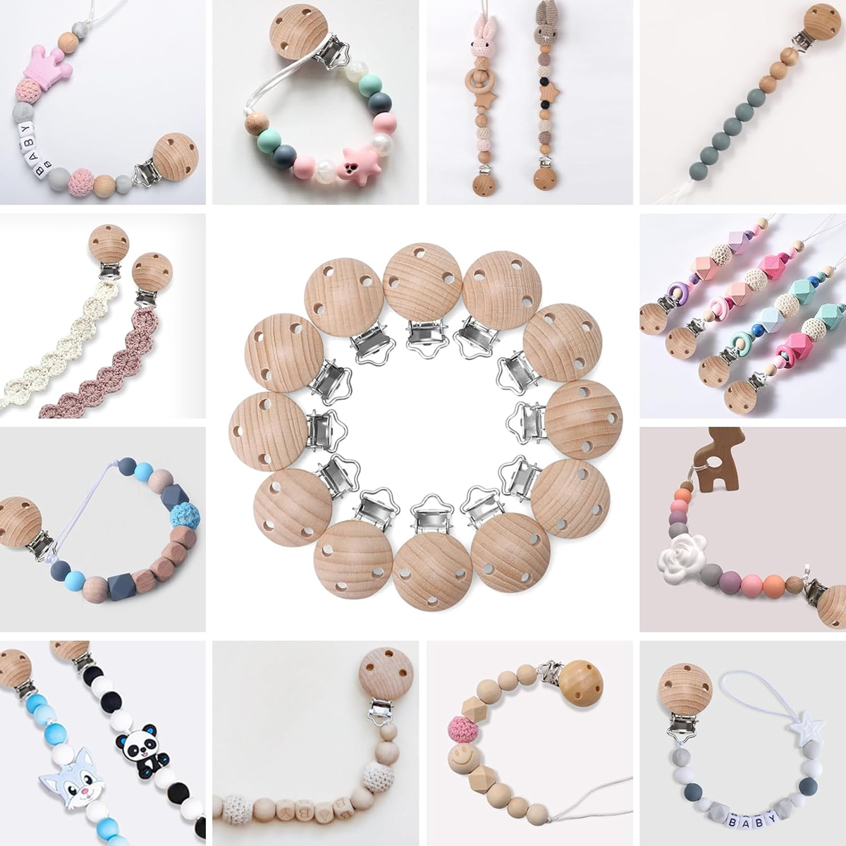 KIGNIOTE Holzclips für Schnullerketten 12 Stück