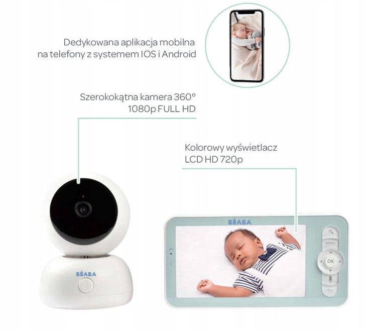 BEABA Zen Premium niania elektroniczna kamera 360° Full HD aplikacja z ekranem LCD i kamerą 1080p