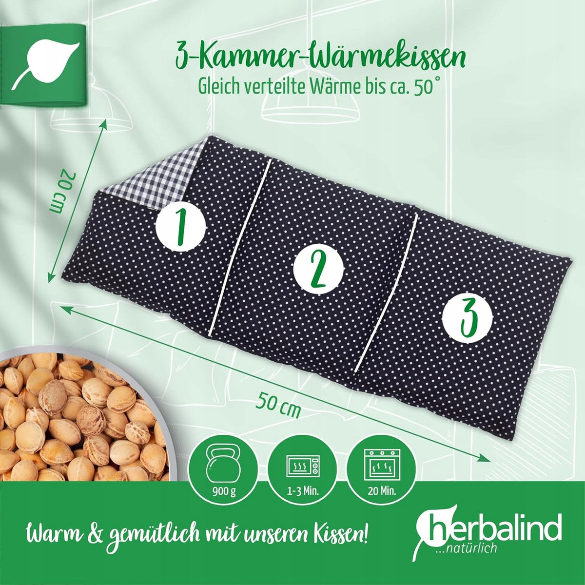 HERBALIND termofor z pestkami wiśni XL 900g 50x20cm, 3-komorowa poduszka z pestek wiśni