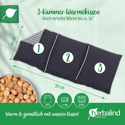 HERBALIND termofor z pestkami wiśni XL 900g 50x20cm, 3-komorowa poduszka z pestek wiśni