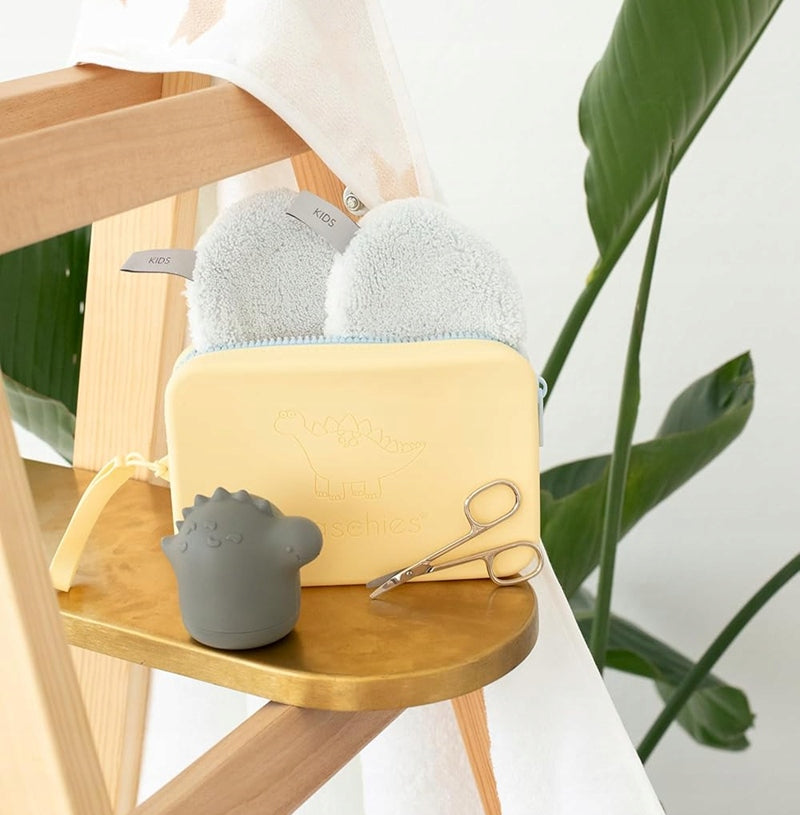 WASCHIES zwei hypoallergene Babywaschlappen + Silikonetui
