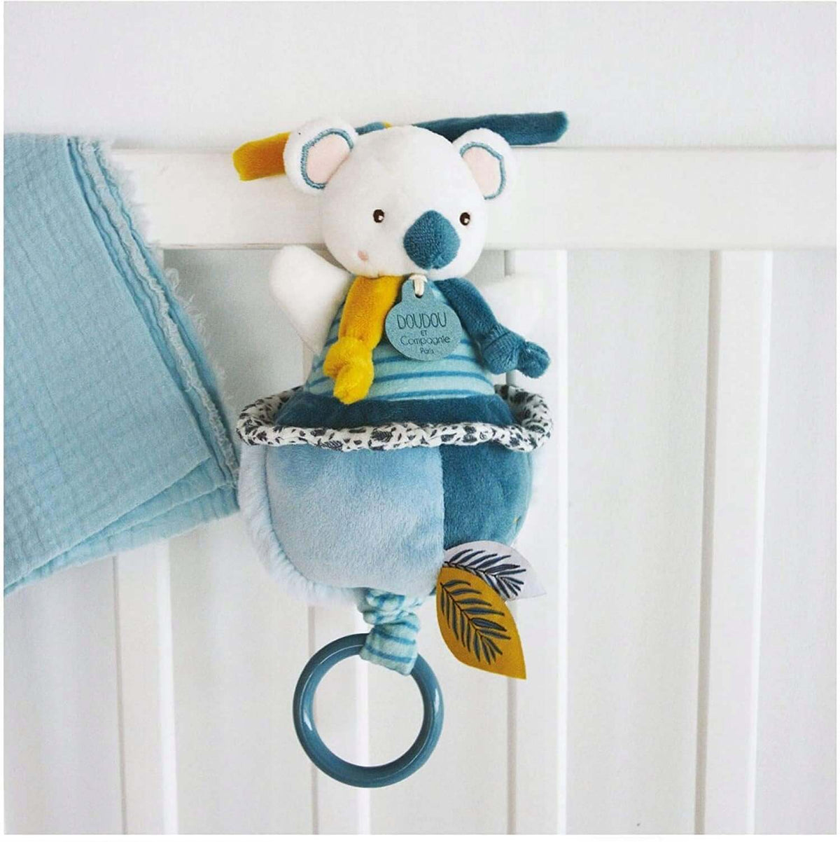 DOUDOU et COMPAGNIE koala z pozytywką 20 cm przytulanka do łóżeczka dla niemowląt biało-turkusowa