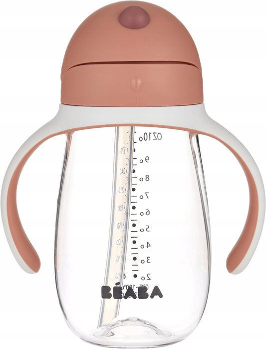 BEABA kubek niekapek ze słomką 300 ml, różowy, 8 m+, z uchwytami i miarką, widok produktu