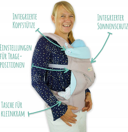 MAMMACITA nosidełko ergonomiczne do 20 kg, błękitne, z regulacją, kapturkiem, kieszenią i wsparciem głowy