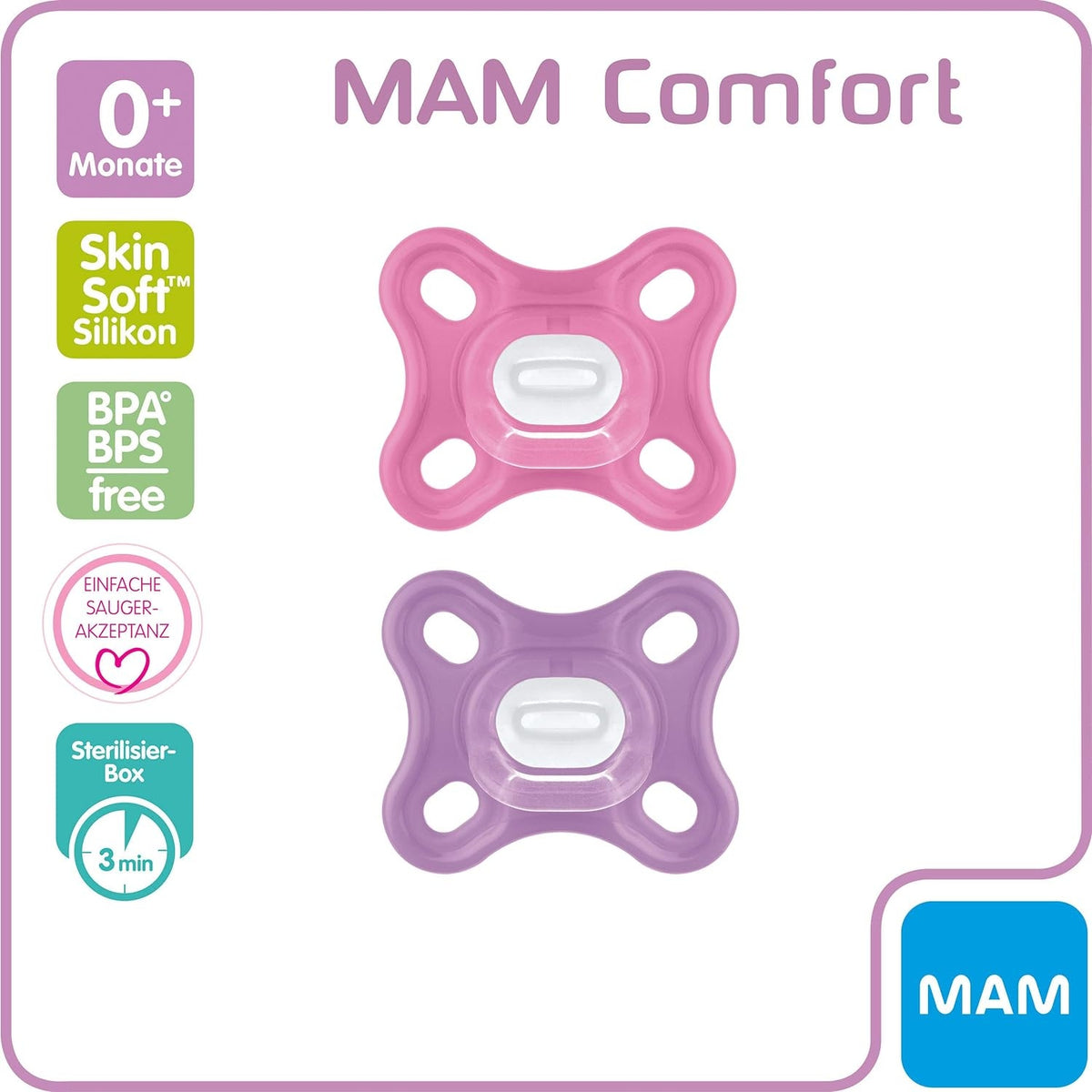 MAM COMFORT smoczek wcześniak noworodek x2 0-6msc, silikonowy, BPA/BPS free ze sterylizatorem