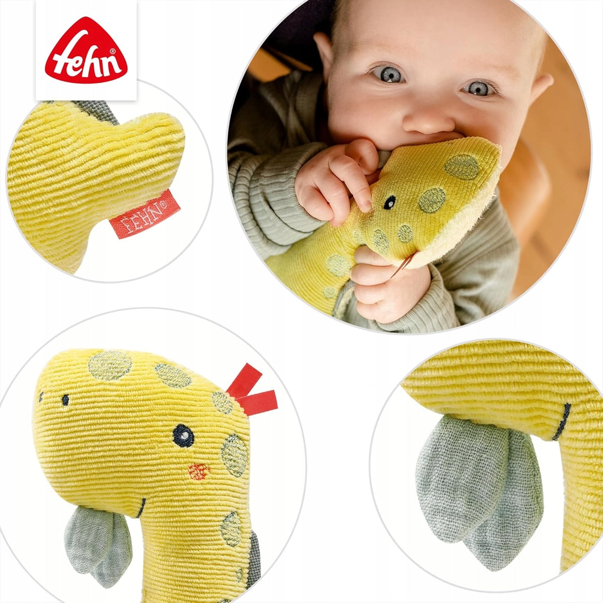 FEHN Plüsch-Greifling mit Rassel und Quietsche DINO 17,5 cm