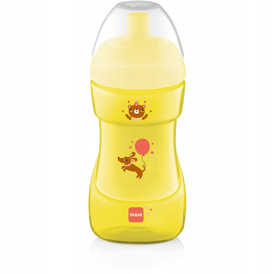 MAM Sports Cup bidon 330 ml 12msc+ żółty bidon dla dzieci z nasadką sportową i higieniczną osłoną, BPA free