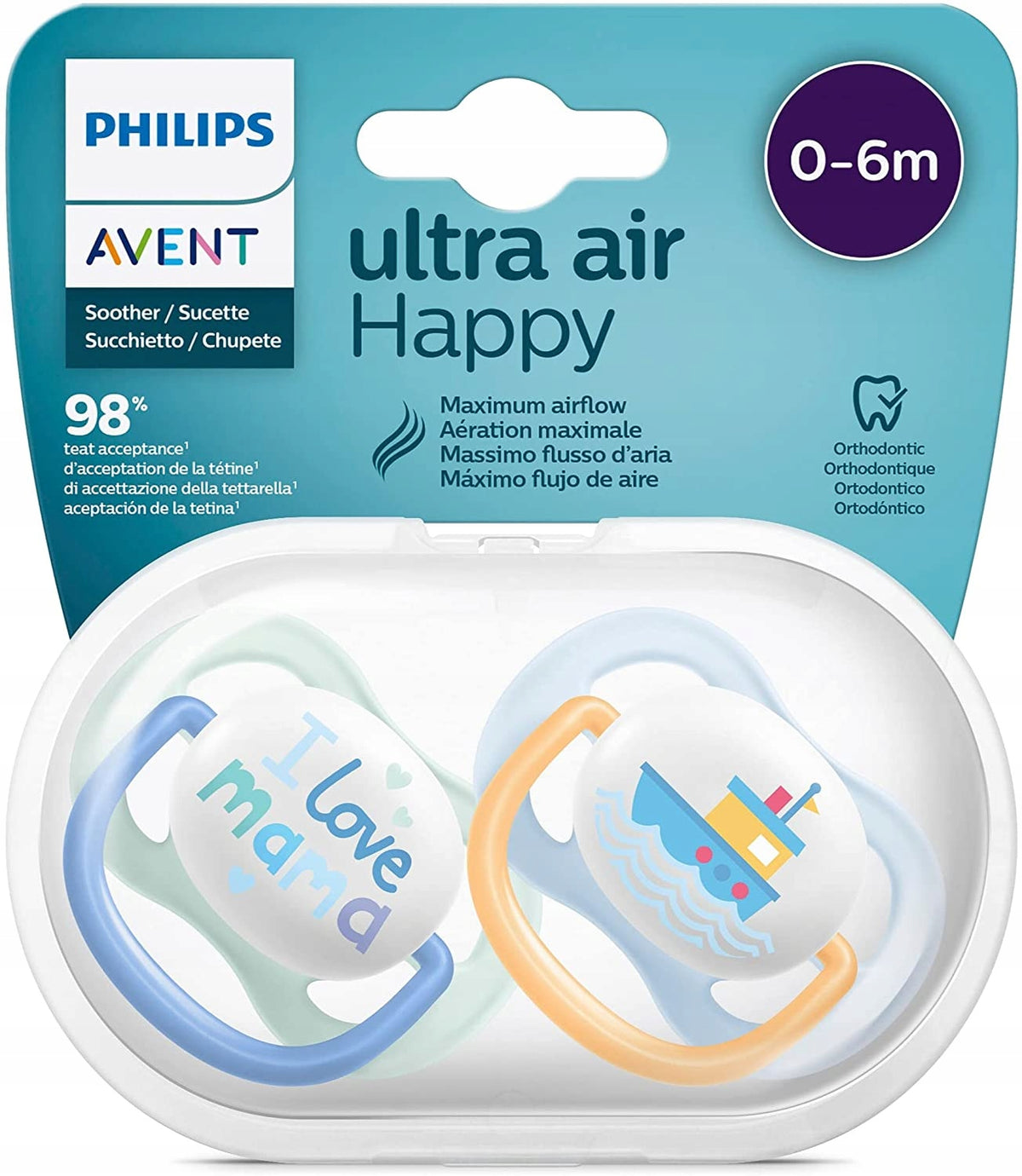 PHILIPS AVENT Ultra Air Happy smoczki x 2 0-6msc, ortodontyczne smoczki uspokajające z etui