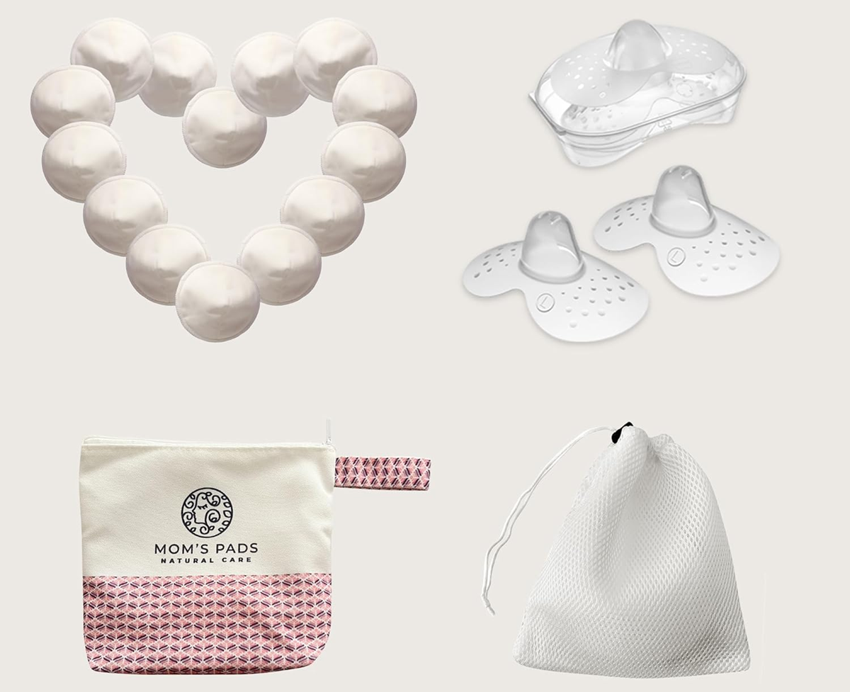 MOM'S PADS Bambus-Stilleinlagen x14 + Wäschesack, Kosmetiktasche