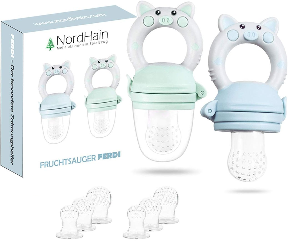 NORDHAIN Schnuller-Fruchtsauger für Babys 3-12 Monate, 2 Stück, 6 Mundstücke