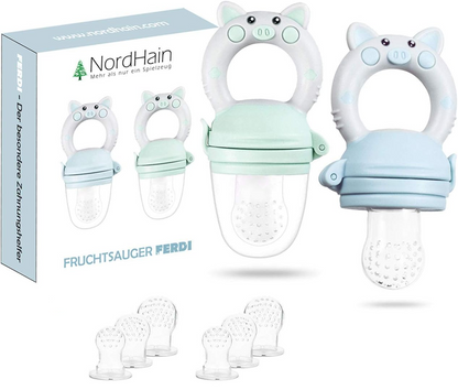 NORDHAIN Schnuller-Fruchtsauger für Babys 3-12 Monate, 2 Stück, 6 Mundstücke