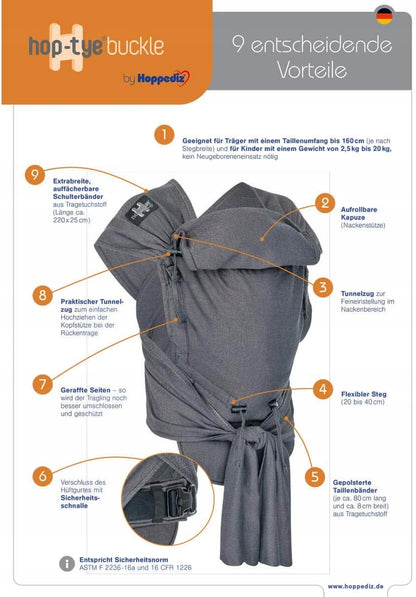 HOPPEDIZ hop-tye nosidełko ergonomiczne 0-30 msc. nosidło mei-tai z kapturem i regulacją szerokości siedziska